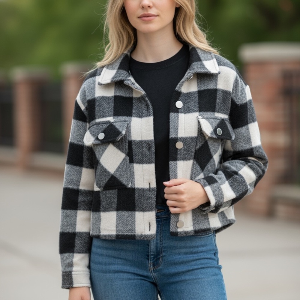 Zara Black White Buffalo Check Flannel Cropped Shacket Women's M